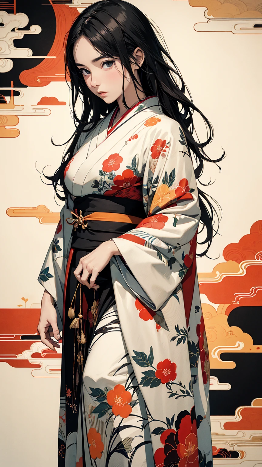 Close-up of a woman with black straight hime cut hair wearing a red and orange dress, Red kimono with flower patterns, From the Sengoku period, Long and beautiful kimono, Flowing hair and long, super shiny robes, Red kimono, Japanese Kimono, Wearing Imperial Kimono, Wearing kimono and armor, In kimono, Safety, kimono, Hakama kimono, Inspired by Fujiwara Takanobu, pale and colouRed kimono She is laid down on the futon, exposing her nipples, writhing and crying.