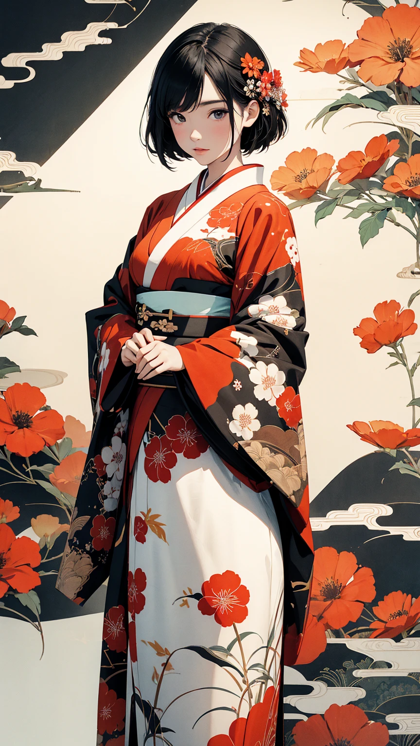 (masterpiece, High resolution, Highest quality), 20-year-old woman, Posing with hands in pockets:1.2, A kimono and haori with a Japanese pattern that exposes the thighs:1.2, Petal Collage, abstract design, artistic juxtapositions, And handle background, warm color, mixed-media approach, Anime Style, Simple lines, Digital Painting,