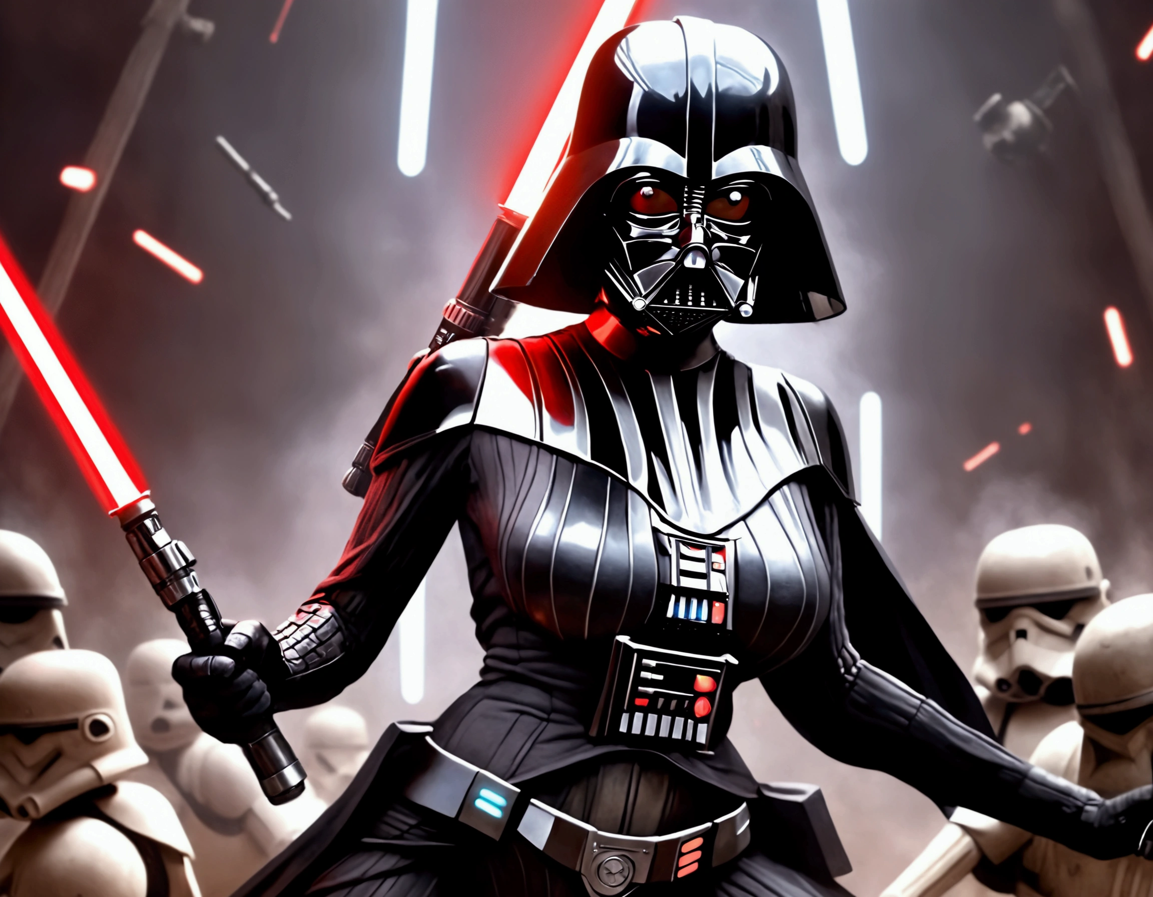 A cute woman (age 25, sexy Darth Vader outfit) is wielding one red light saber. She is battling her way through battle droids and Rebel soldiers. Menacing poses, sci fi horror