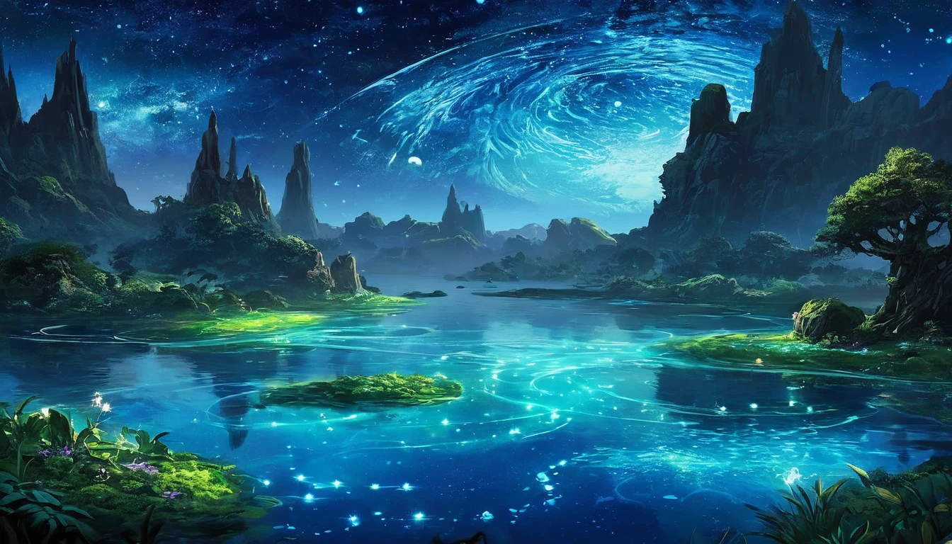 Design a serene, otherworldly landscape with bioluminescent plants and floating islands under a starry sky. Include a gentle river with crystal-clear water, reflecting the galaxy above. Add mythical creatures like dragons or fairies to enhance the magical atmosphere." 