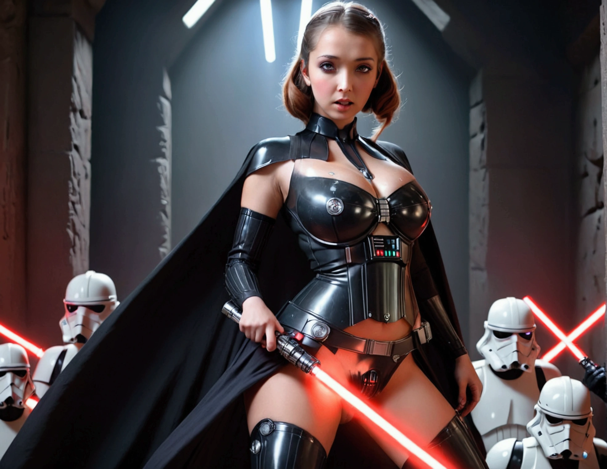 A cute woman, 25 years old, in a sexy Darth Vader outfit, wielding a red lightsaber, battling her way through battle droids and Rebel soldiers, menacing poses, sci-fi horror, detailed face, beautiful eyes, detailed high quality, dark moody lighting, dramatic cinematic lighting, photorealistic, concept art style, dynamic action scene, vivid colors, ultra-detailed, 8k, masterpiece