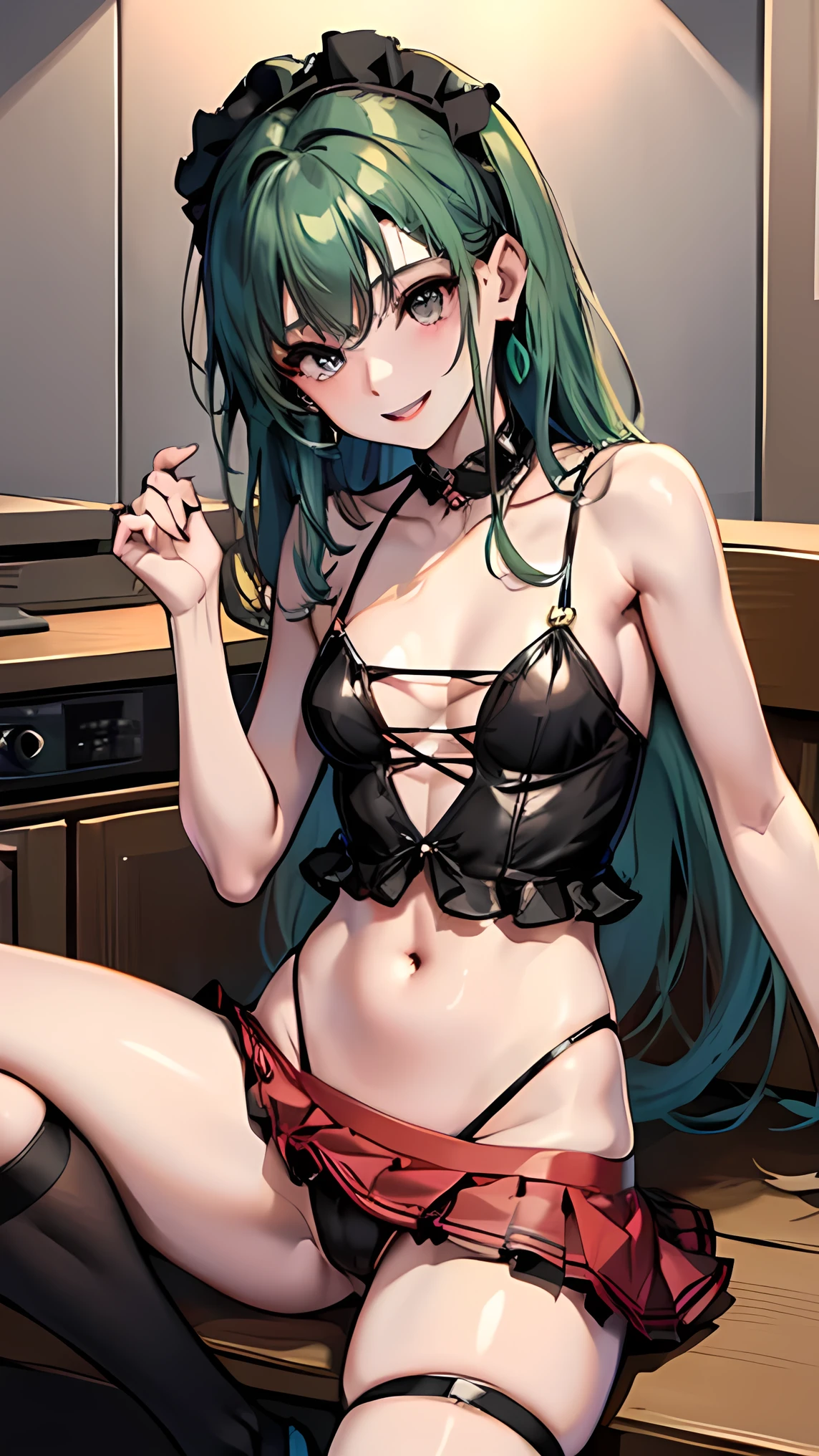 masterpiece,Ultra-high resolution、Highest quality、Sexy pose、Green Hair、Long Hair:1.2, Pink Eyes, smile、Tilt your head、Big earrings:1.5,、Model walking、Small breasts、the body is slim、Tight waist、Spread your legs,Cowboy Shot、Black checked ruffled top、Black super mini bikini tight skirt、Red panties、Knee socks、Underwear Focus