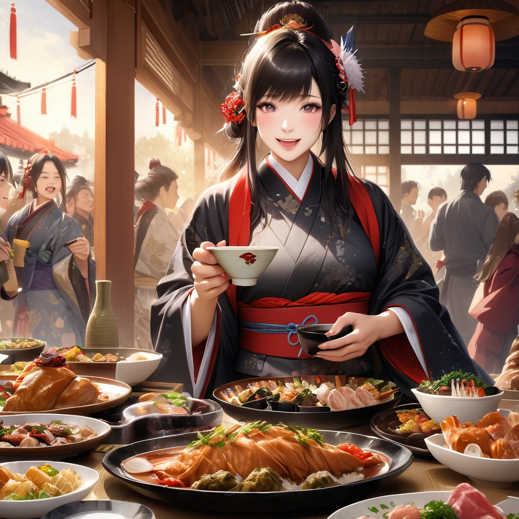 "Date Masamune at a banquet, holding a sake cup, realistic depiction of a lively traditional Japanese feast, detailed background"