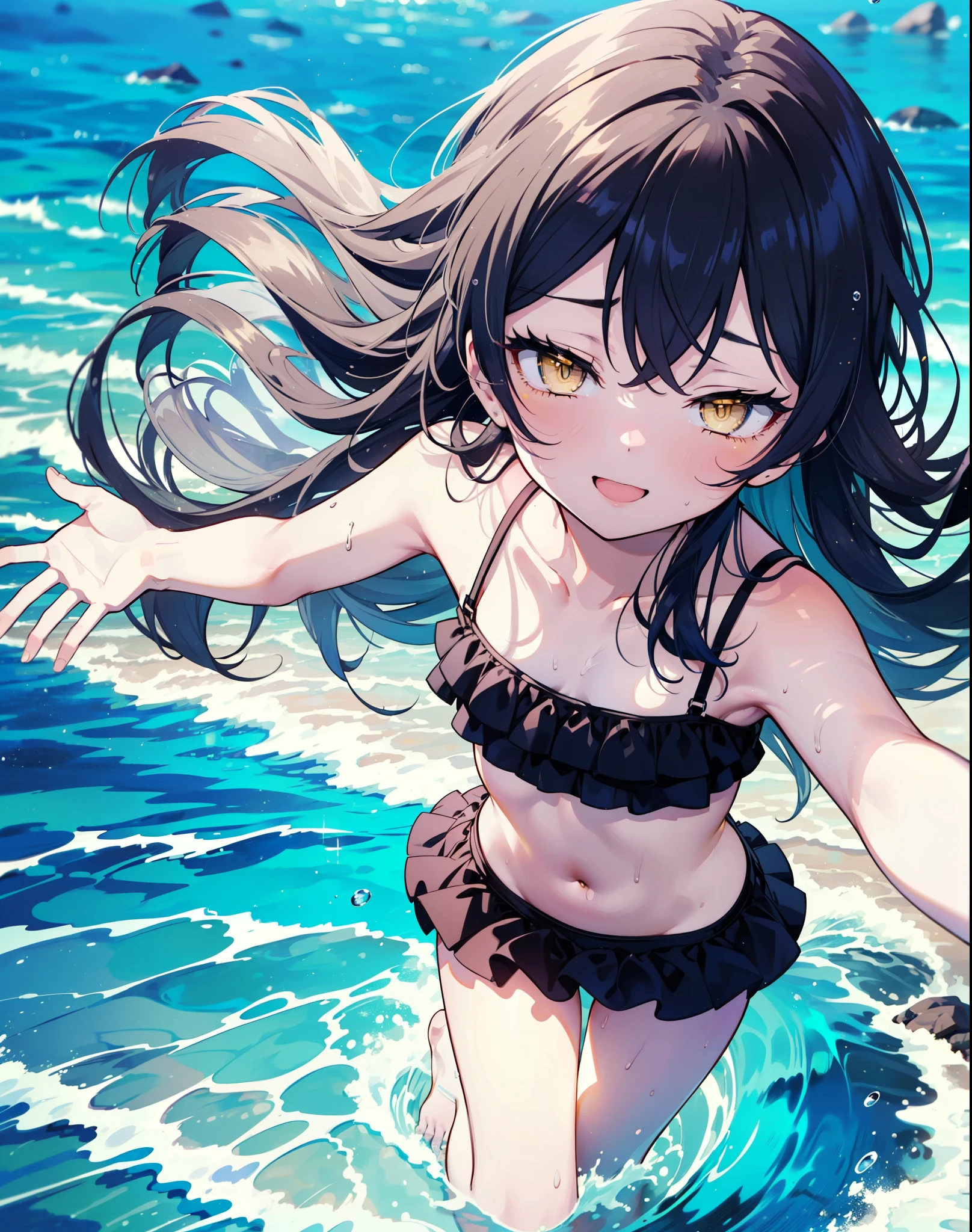 Umi Sonoda, Long Hair, Blue Hair, (Yellow Eyes:1.5) (Flat Chest:1.2),,happy smile, smile, Open your mouth,Black bikini swimsuit with frills,barefoot,Water Play,True Summer,Clear skies,Daytime,　　　　　　　　　　　　　break looking at viewer, whole body, 　　　　　　　　　break outdoors,Beach, 　　　　　　　　　　　break (masterpiece:1.2), Highest quality, High resolution, unity 8k wallpaper, (shape:0.8), (Beautiful and beautiful eyes:1.6), Highly detailed face, Perfect lighting, Highly detailed CG, (Perfect hands, Perfect Anatomy),