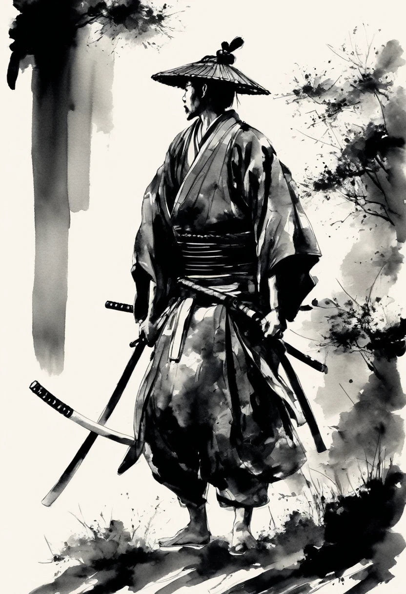 Samurai and Kosode,black,draw in black on a white background,Ink Painting,Drawing with ink,Shades of black unique to sumi-e,Shading techniques unique to sumi-e,He has someone important to protect.,I'I'm about to enter into a fight for my life..,express strong determination and will,Straight and beautiful sword:Traditional Crafts:masterpiece:made in Japan,Metallic luster,masterpiece,nice,wonderful,Movie Posters,Professional work,最高masterpiece,High resolution,a handsome guy,History and traditions