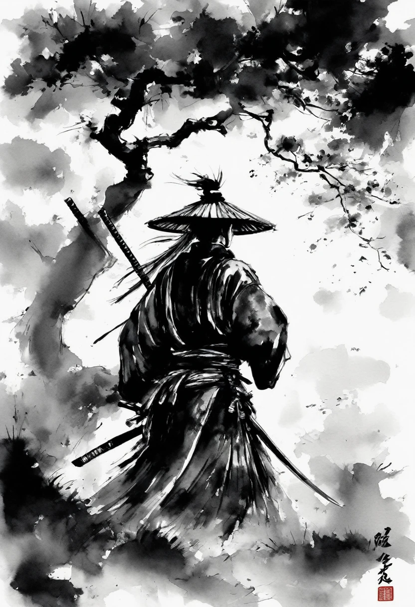 Samurai and Kosode,black,draw in black on a white background,Ink Painting,Drawing with ink,Shades of black unique to sumi-e,Shading techniques unique to sumi-e,He has someone important to protect.,I'I'm about to enter into a fight for my life..,express strong determination and will,Straight and beautiful sword:Traditional Crafts:masterpiece:made in Japan,Metallic luster,masterpiece,nice,wonderful,Movie Posters,Professional work,最高masterpiece,High resolution,a handsome guy,History and traditions