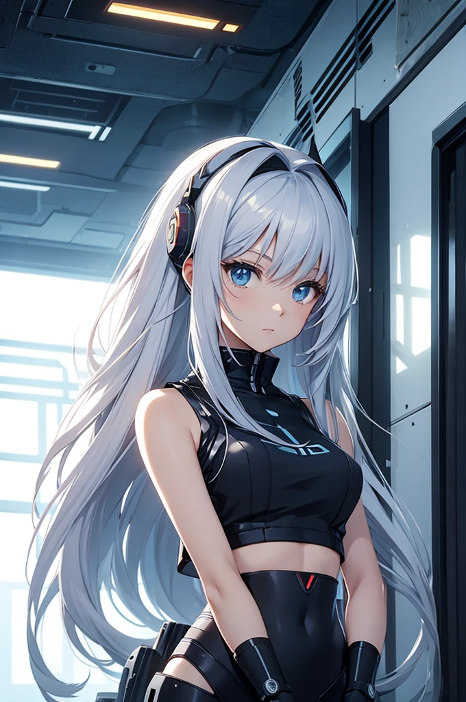 a beautiful anime  ,  in robotic  crop sleeveless  top , ,  long hair  , , in a futuristic room  ,  , stylish , , anime
