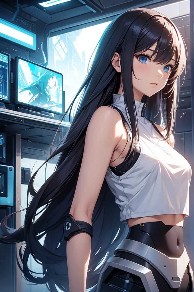 a beautiful anime , in robotic crop sleeveless top , , long hair , , in a futuristic room , , stylish , , anime