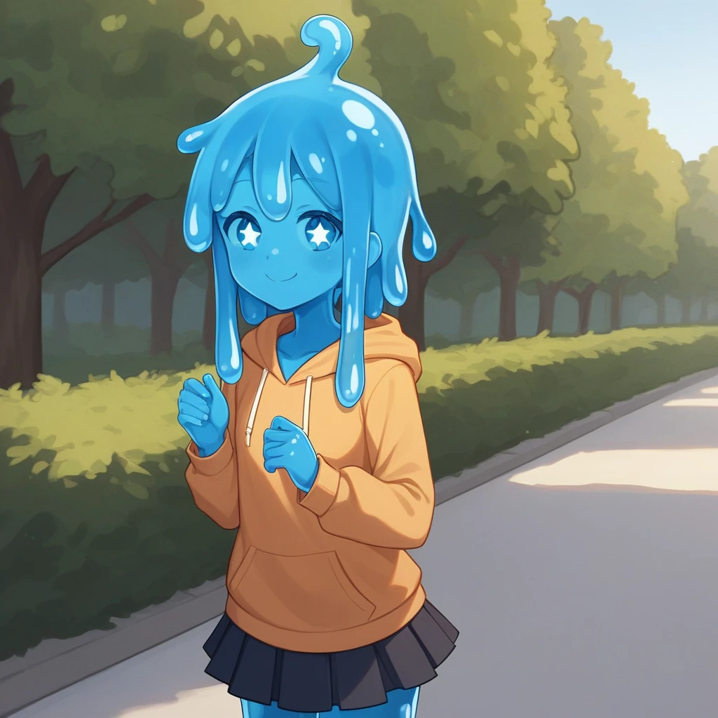 source_anime, score_9, score_8_up, BREAK slime girl, smile, (sparkling eyes:1.1), hoodie, skirt, blue skin, slime hair, park