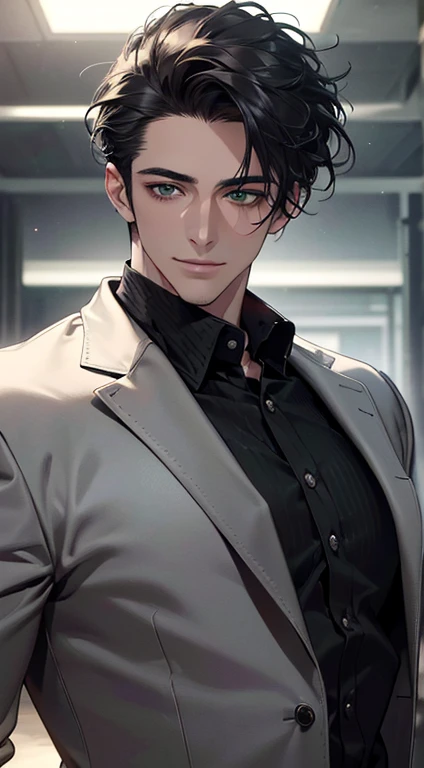 (best quality,4k,8k,highres,masterpiece:1.2),ultra-detailed,(realistic,photorealistic,photo-realistic:1.37),cinematic lighting,1:4 hdr image,a mature man, 29 years old,very handsome,cold expression smile in love, short grey black hair, green eyes,flawless face,buttoning his jacket,CEO
