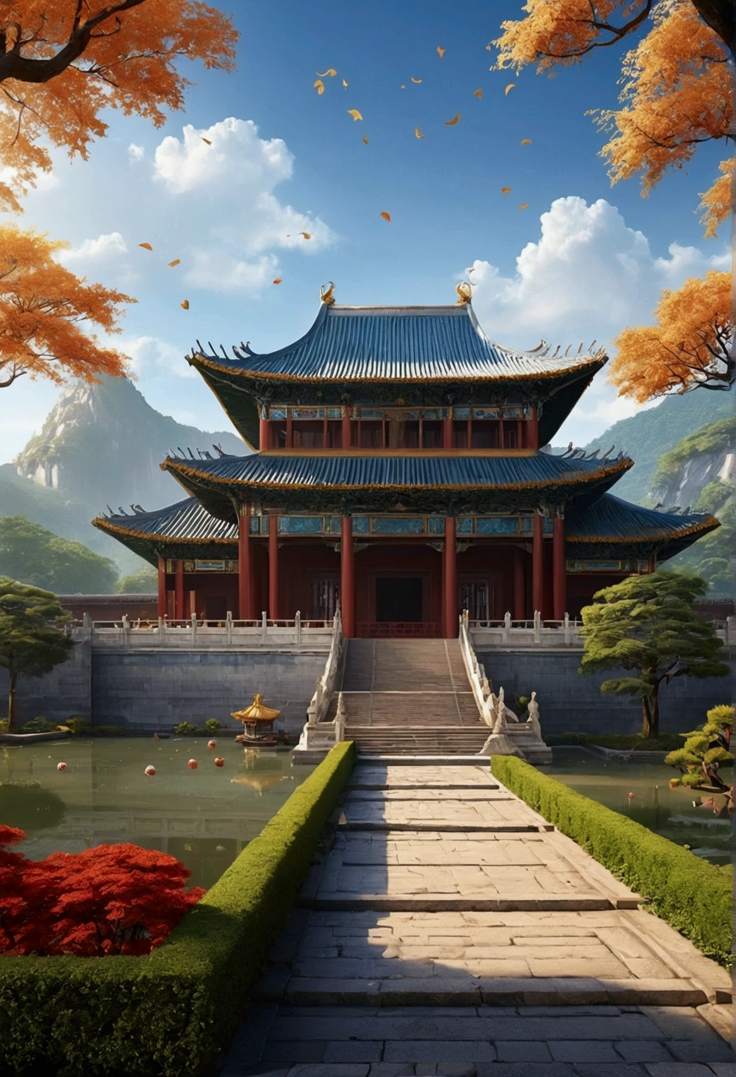 Chinese palace of the Tang Dynasty, in wonderland, surrounded by cloud, Far perspective, 。.。.3D, China-style, Reddish yellow tones。8K, High detail, Chiaroscuro, Depth of field, god light, stereograms, hyper HD, hyper HD, Textured skin, High details --auto