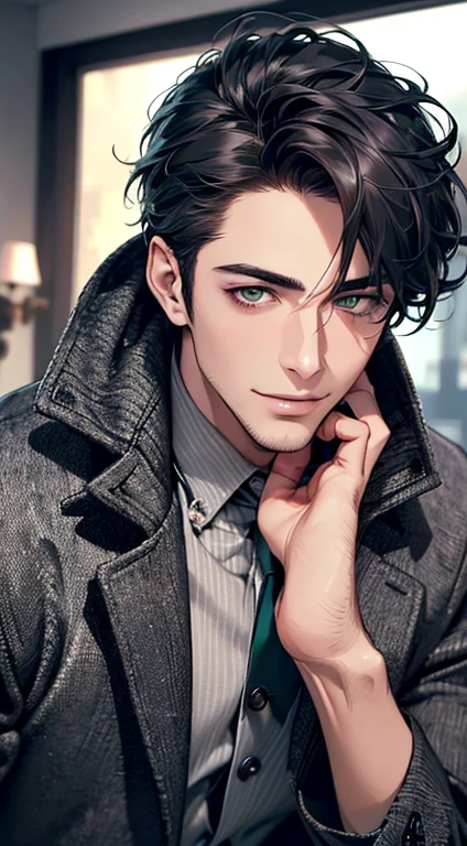 (best quality,4k,8k,highres,masterpiece:1.2),ultra-detailed,(realistic,photorealistic,photo-realistic:1.37),cinematic lighting,1:4 hdr image,a mature man, 29 years old,very handsome,cold expression smile in love, short grey black hair, green eyes,flawless face,buttoning his jacket,CEO