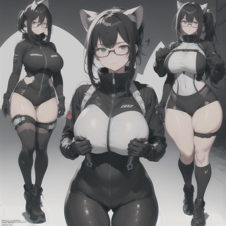 Absurd resolution,high resolution,(masterpiece: 1.4),hyper-detail,fullbody image,head to toe show,reference sheet style image,solo,shorter,A-Posed,glasses,kemono feline cat futanari,no skin other than neck and head shown,watertight environmental suit,black hair,messy ponytail,cute face,detailed soft grey luminous eyes,huge massive hyper super swollen heavy milky breasts,breasts so big that cover her whole torso and are bigger than her head while being so big they reach her bellybutton,extremely super large swollen perky heavy bust,super huge enormously gigantic tits,gigantic breasts stretching/straining out of her outfit looking like they are about to burst out,breasts compressed squishing barely contained in outfit,inflated breasts,breast_expansion,super gigantic swollen heavy tits,wide full hips,narrower torso and shoulders,smaller torso,narrower waist,full thicc big soft thighs,thicc big full thighs,big rounded full soft butt,thicc butt,ruggedized utility styled outfit,fully insulated suit,full body outfit coverage with no skin showing or revealed,airtight/watertight zippers and seals,scifi monochrome black and grey fullbody covering protective padding rugged loose-fitted pilot utility suit with strategically placed protective padding,white watertight zipper utility cropped top for breasts support with a black strap horizontal across cleavage worn on top of suit,tactical strategic angular-patterned protective padding on hips and thighs and abdomen,practical/functional clothing,weather-proof durable clothing material,nylon clothing material,custom made clothing to fit and support large breasts,scifi padded rugged rigid high collar cropped cutout fitted techwear jacket,armored high collar,white and black triangular decals and techwear iconography on apparel and clothing,techwear gloves,ruggedized tech,ruggedized tech aesthetic,fitted utility pants,utility chaps,near future scifi,cyberpunk aesthetic,anime aesthetic,tactical aesthetic,nasapunk apparel,death stranding
