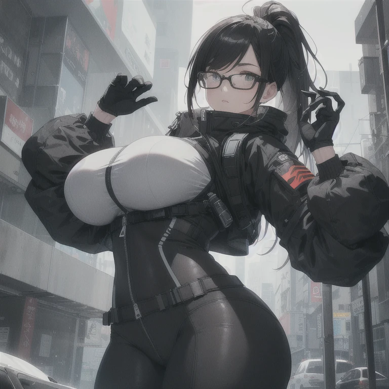 Absurd resolution,high resolution,(masterpiece: 1.4),hyper-detail,fullbody image,head to toe show,reference sheet style image,solo,shorter,A-Posed,glasses,kemono feline cat futanari,no skin other than neck and head shown,watertight environmental suit,black hair,messy ponytail,cute face,detailed soft grey luminous eyes,huge massive hyper super swollen heavy milky breasts,breasts so big that cover her whole torso and are bigger than her head while being so big they reach her bellybutton,extremely super large swollen perky heavy bust,super huge enormously gigantic tits,gigantic breasts stretching/straining out of her outfit looking like they are about to burst out,breasts compressed squishing barely contained in outfit,inflated breasts,breast_expansion,super gigantic swollen heavy tits,wide full hips,narrower torso and shoulders,smaller torso,narrower waist,full thicc big soft thighs,thicc big full thighs,big rounded full soft butt,thicc butt,ruggedized utility styled outfit,fully insulated suit,full body outfit coverage with no skin showing or revealed,airtight/watertight zippers and seals,scifi monochrome black and grey fullbody covering protective padding rugged loose-fitted pilot utility suit with strategically placed protective padding,white watertight zipper utility cropped top for breasts support with a black strap horizontal across cleavage worn on top of suit,tactical strategic angular-patterned protective padding on hips and thighs and abdomen,practical/functional clothing,weather-proof durable clothing material,nylon clothing material,custom made clothing to fit and support large breasts,scifi padded rugged rigid high collar cropped cutout fitted techwear jacket,armored high collar,white and black triangular decals and techwear iconography on apparel and clothing,techwear gloves,ruggedized tech,ruggedized tech aesthetic,fitted utility pants,utility chaps,near future scifi,cyberpunk aesthetic,anime aesthetic,tactical aesthetic,nasapunk apparel,death stranding