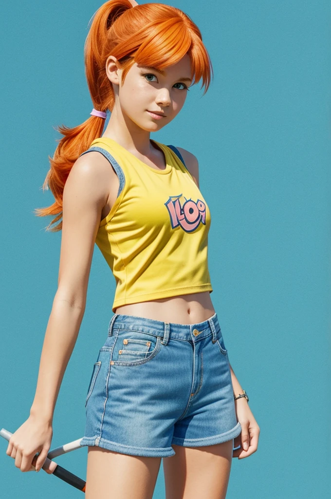 "Illustration of Misty, the Pokémon trainer. Misty is a young girl with orange hair, tied in a high side ponytail. She is dressed in a yellow sleeveless top and blue denim shorts.