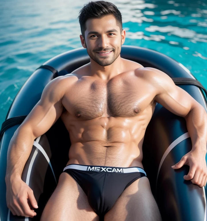 30 years old,One Man,Face of Mexico、Black Bikini,Pool、Sit on a rubber boat with your legs wide apart、muscle、chest hair、pubic hair、Solid system、Sweat、Gay ,Very Very Short Hair、Stubble,Handsome、The crotch area is bulging。The crotch area is bulging、pubic hair、smile、Brown Hair