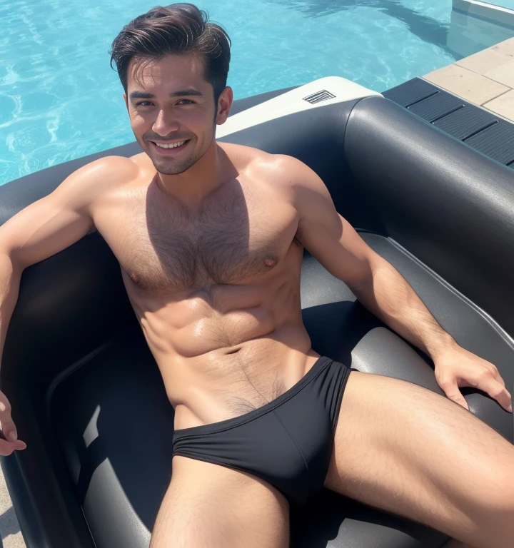 30 years old,One Man,Face of Mexico、Black Bikini,Pool、Sit on a rubber boat with your legs wide apart、muscle、chest hair、pubic hair、Solid system、Sweat、Gay ,Very Very Short Hair、Stubble,Handsome、The crotch area is bulging。The crotch area is bulging、pubic hair、smile、Brown Hair