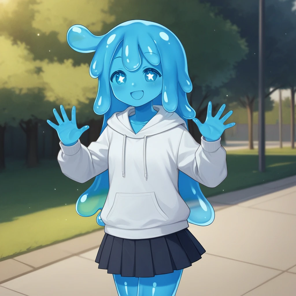source_anime, score_9, score_8_up, BREAK slime girl, smile, (sparkling eyes:1.1), hoodie, skirt, blue skin, slime hair, park