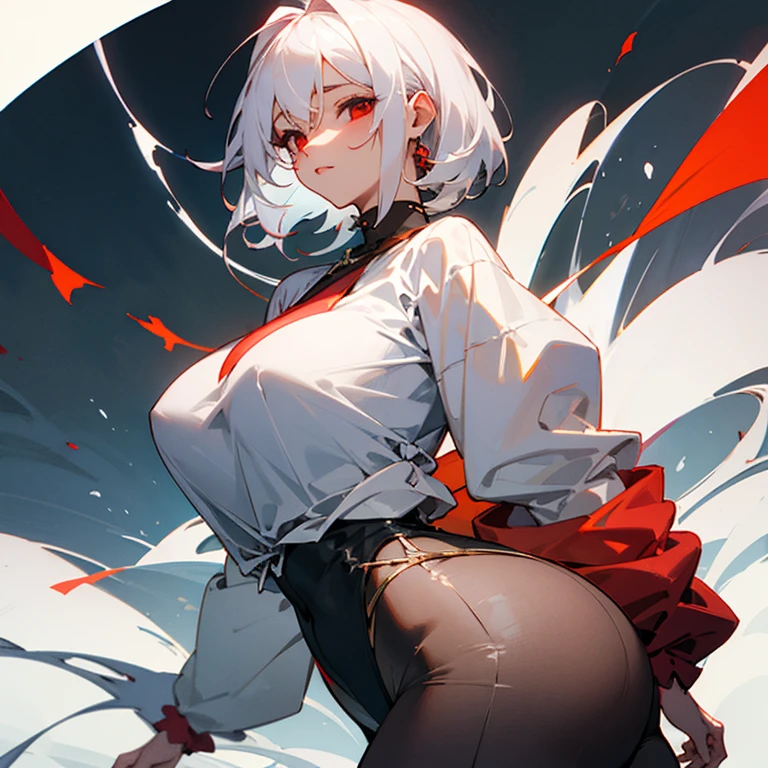 ((Best Quality)) ((masterpiece)) beauty girl white hair red eyes big breast big ass short ajustado oversized shirt