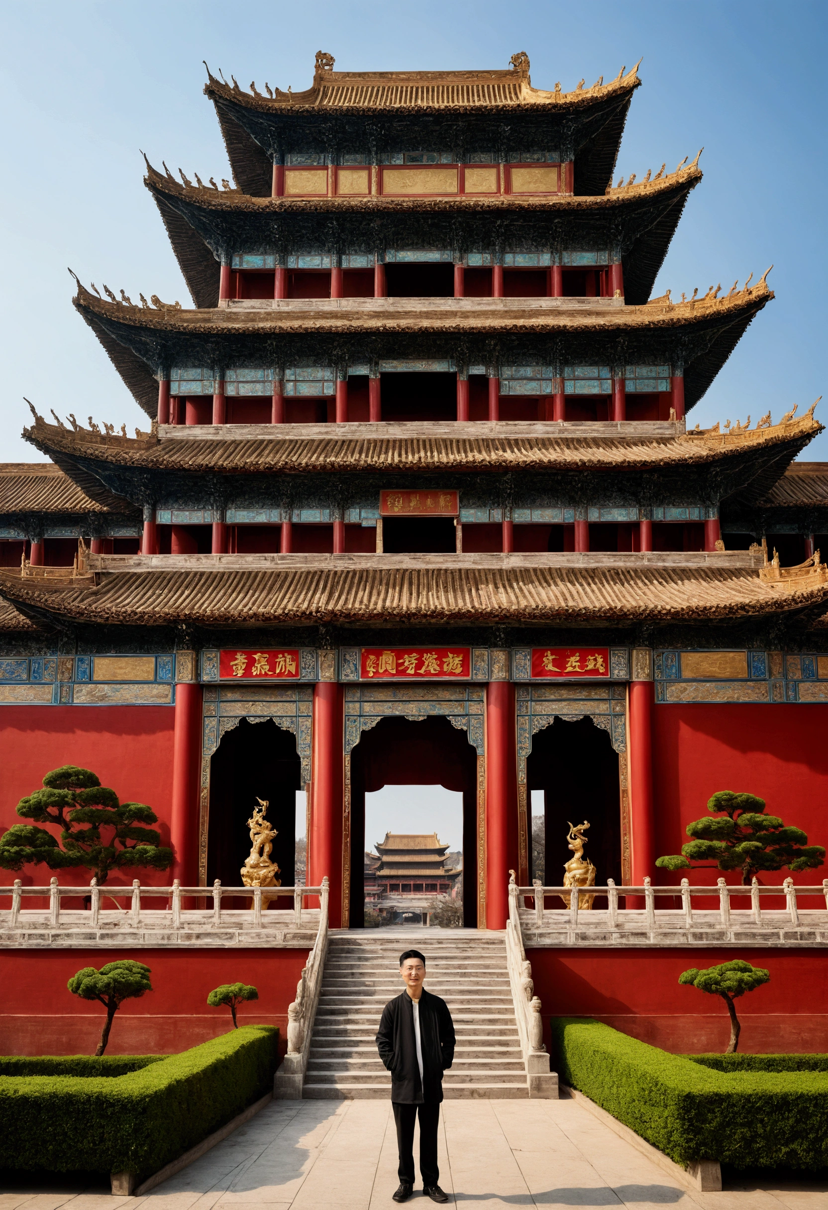 There was a man standing in front of a tall tower, in 1 9 9 5, With a Chinese temple, photo 1 9 9 0 s, with a figure in the background, 1996), taken in the early 1990s, in front of temple, old picture, taken in 1 9 9 7, 90's photo,