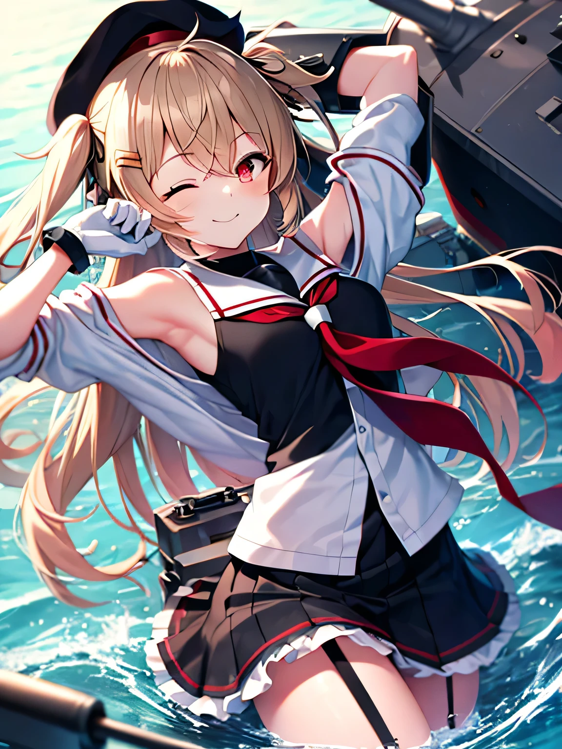 highres, (masterpiece), best quality, bbmurasa, long hair, two side up, hair flaps, hairclip, hat, black headwear, heterochromia, red eyes, brown eyes, white sailor collar, red neckerchief, black shirt, detached sleeves, white gloves, black skirt, garter straps, outdoors, mischievous smile, holding chain, chain surrounding body, one eye closed, one arm up, close-up, open mouse, on water surface, sea, (turret:1.2), rigging