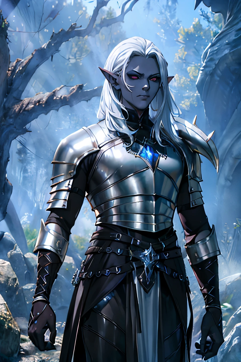 (1 men) a dark elf man, bluish-gray skin, leather armor covering the entire body with metal details, pointy ears, hyperrealisti, pictorial, highy detailed, cinematic lighting, dramatic shadows, subdued colors, temperamental atmosphere, ダークファンタジー, film composition, Masterpiece artwork
