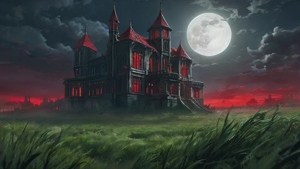 A towering mansion, almost cathedral-like in its grandeur, stands isolated in a wild grass field under the eerie light of a blood-red moon. The mansion’s gothic spires and intricate stonework cast long, ominous shadows over the swaying grass. Dark clouds swirl around the crimson moon, adding to the foreboding atmosphere. The wild grass, untamed and overgrown, rustles in the cold night breeze, while the mansion’s windows, dark and uninviting, seem to watch over the desolate landscape, creating a chilling sense of dark medieval fantasy