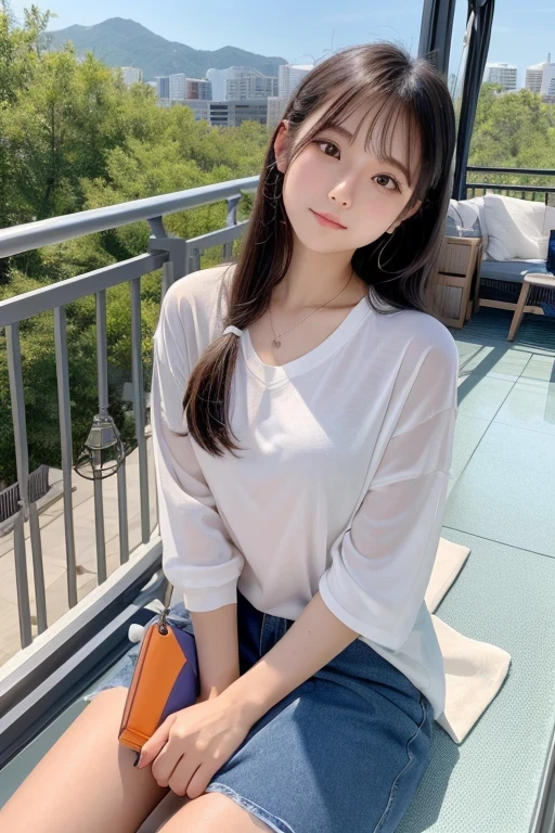 Produce the highest quality and highest resolution 8K images。Please draw the upper body of a 20 year old Japanese woman.。Please draw an image of you relaxing on your balcony at home on a holiday.。She has brown eyes and a model-like figure、She has an idol-level cute face.。Clothes、I'm wearing short-sleeved loungewear。Her hair is in a bun.。The skin is、It is a natural skin color。she、Looking at you with a smile。