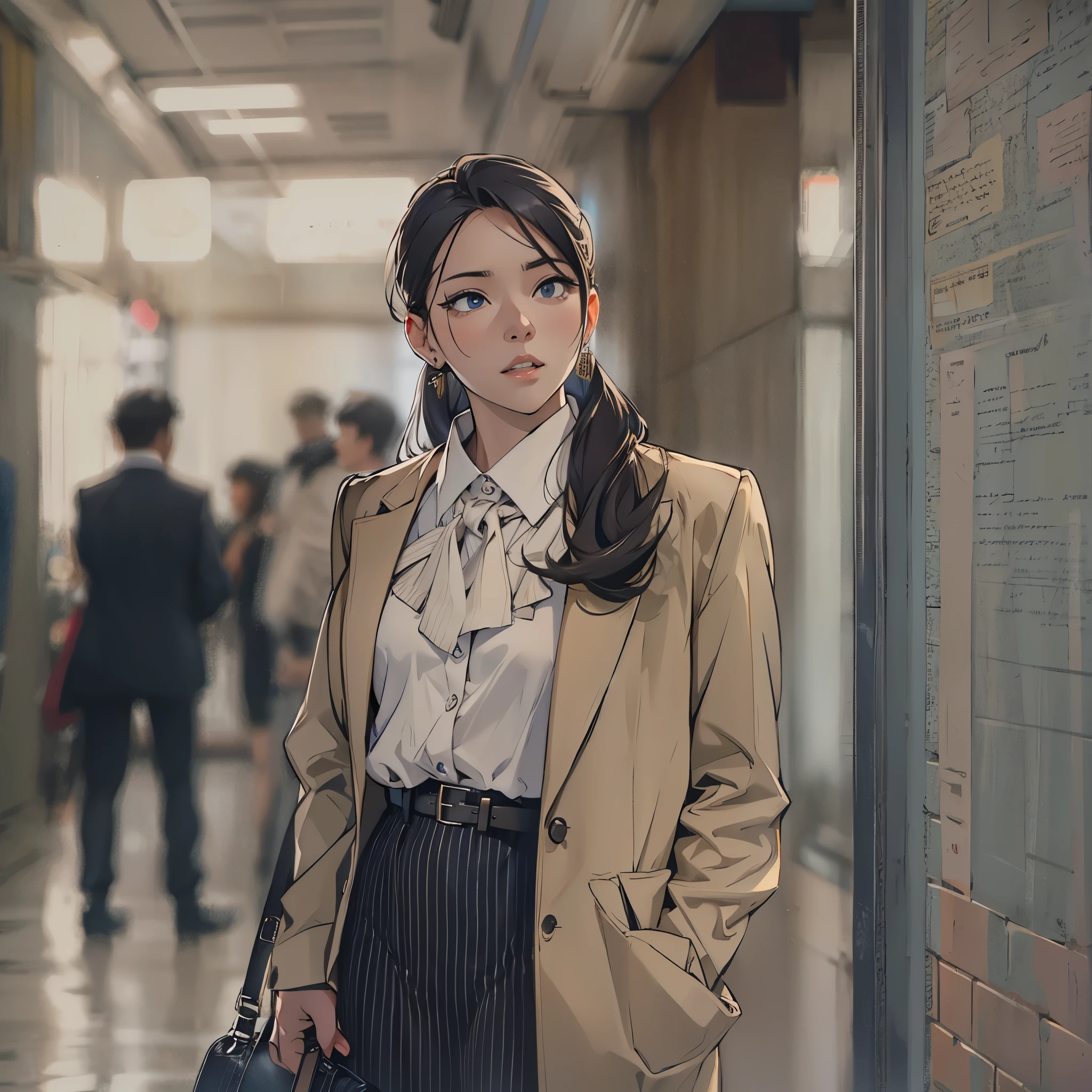 A woman apologizing to the camera for being late for a meeting。Stylish and cool atmosphere。