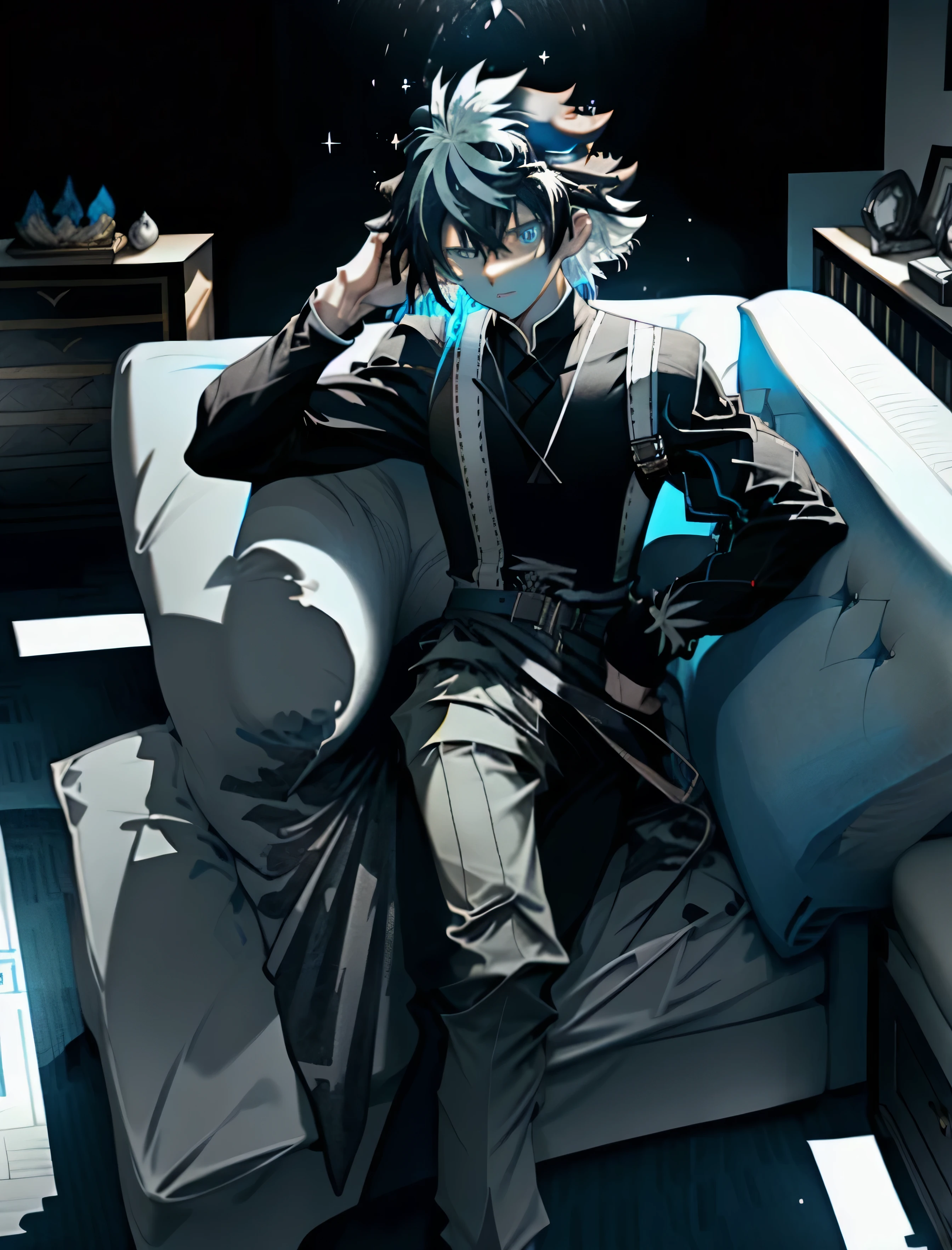 absurdres, uhd, 8k, masterpiece, best quality, highres, 1boy, charlemagne\(fate\), light blue eyes, black and white hair, multicolored hair, two-tone hair, black pants, curled up on couch, additional lighting, studio lighting,