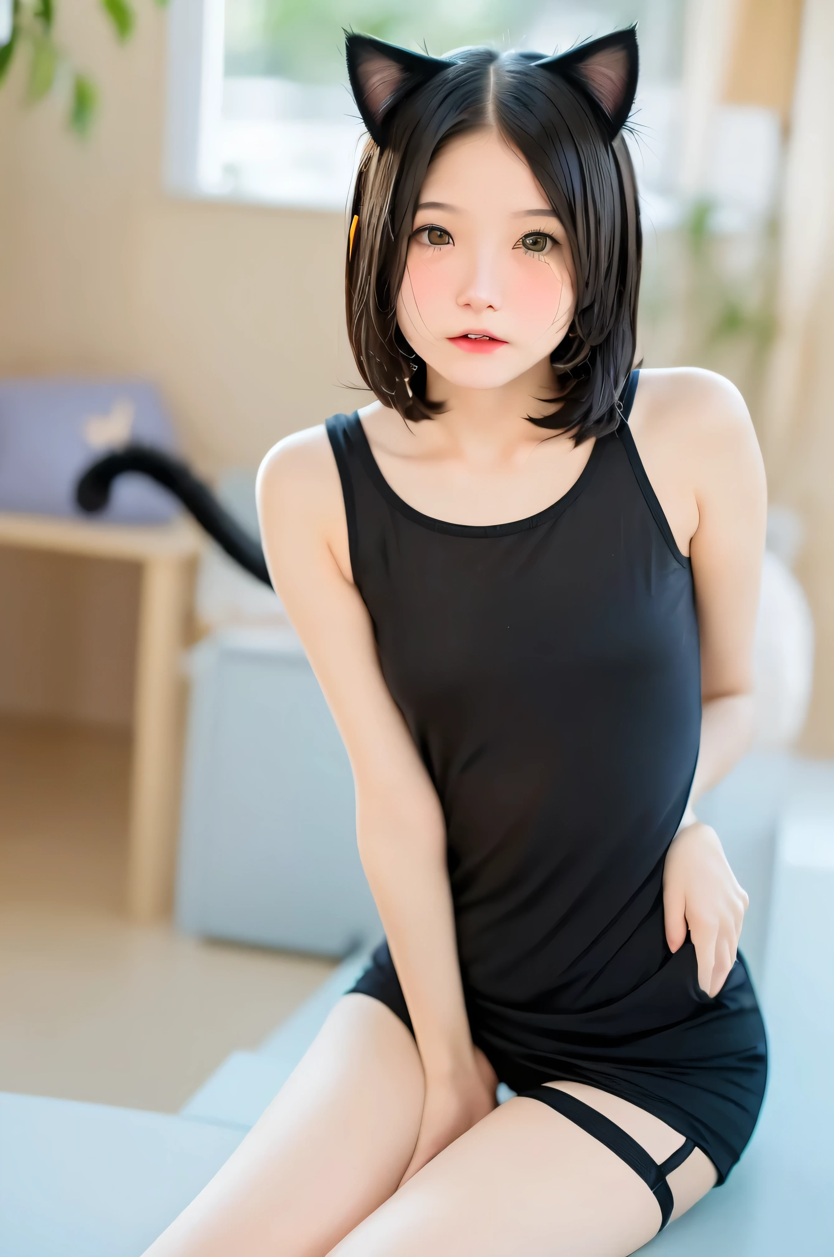 masterpiece, Bokeh, (Cat ear:1.4), Sitting on the beach at sunset, Looking at the audience, office lady, pantyhose,(masterpiece, Highest quality, It captures a very cute moment, Depth of written boundary, Super detailed, Ultra-high resolution, C4D, Octadale, 3D Modeling,Realistic human photos、 8k, 16K, One Girl,Middle school students, 、Small breasts,Black Hair,short hair,Straight Hair,Light brown eyes,Cute Face), Bloomers, Black tank top, zettai ryouiki, Wet clothes,Classroom Nights,Moonlight, Good elevator, Take off、Real-life skin、Not an anime、Realistic、