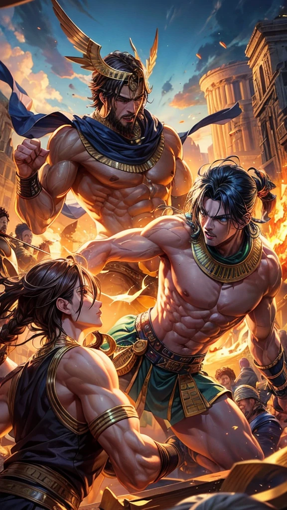 I want a fight between 7 warriors including Greek God, gentlemen, Celtic defenders and Egyptian gods showing their skills 