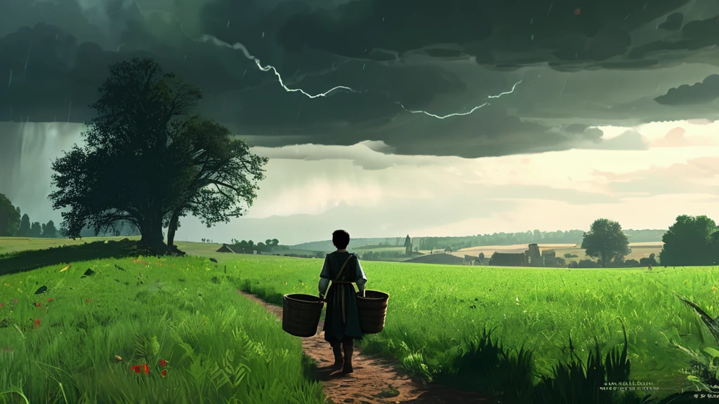 a boy with short black hair, dressed in a simple farmer’s medieval outfit, walking through a lush grass field at noon. The boy holds a wooden bucket brimming with ripe, red tomatoes. The sunlight casts long shadows across the field, highlighting the vibrant green grass and the well-trodden path beneath his feet. The scene is imbued with a sense of foreboding, with dark, twisted trees bordering the field in the distance, and ominous storm clouds beginning to gather on the horizon, hinting at the darker elements of this medieval dark fantasy setting."