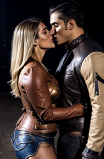 Wonder Woman costume, big , slutty woman, kiss mark on crotch, blonde hair, leather goggles, leather jacket, leather suit, leather boots, leather gloves, handsome young man, kissing a woman