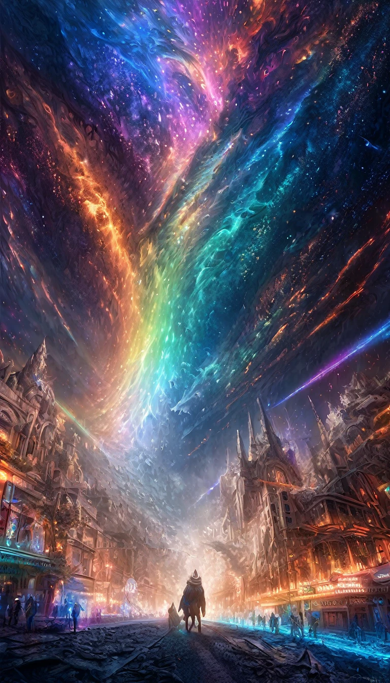 masked huge monsters, destroyed cities, iridescent cosmic rays, (ultra detailed, absolutely resolution, best quality:1.3), 2.5D, delicate and dynamic, fantastic lighting effects, foggy effects