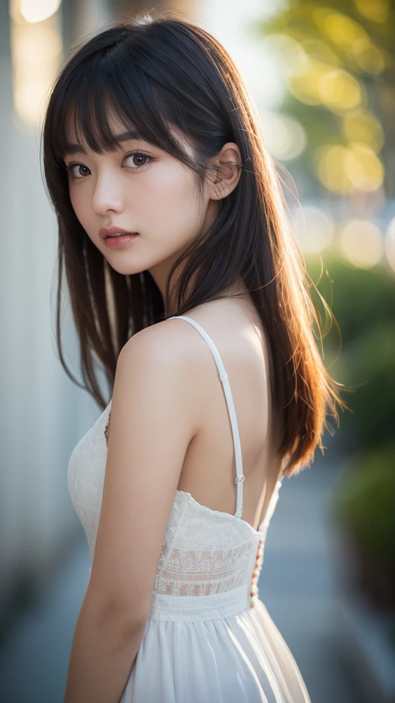 masutepiece, Best Quality, 8K, 1 girl, 20 yo, Full body, Solo, Cute, Girly, Delicate girl, Neat and clean beauty,  Raw photo, Professional Photography, Portrait, Soft light, Professional Lighting, Back lighting, look forward to your eyes, Sophisticated, Film grain, (Eyes and faces with detailed:1.0), medium length floating hair, Beautiful flowing hair, Bangs,
