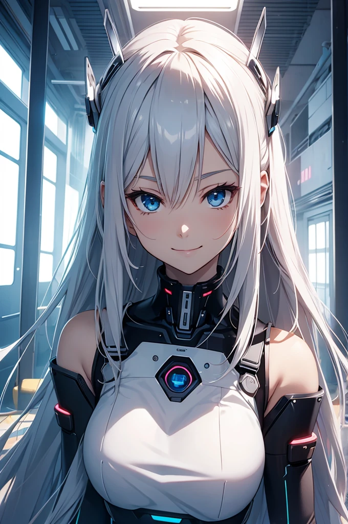 a beautiful anime , in robotic crop sleeveless top , , long hair , soft skin , smile , cute , in a futuristic room , , stylish , , anime