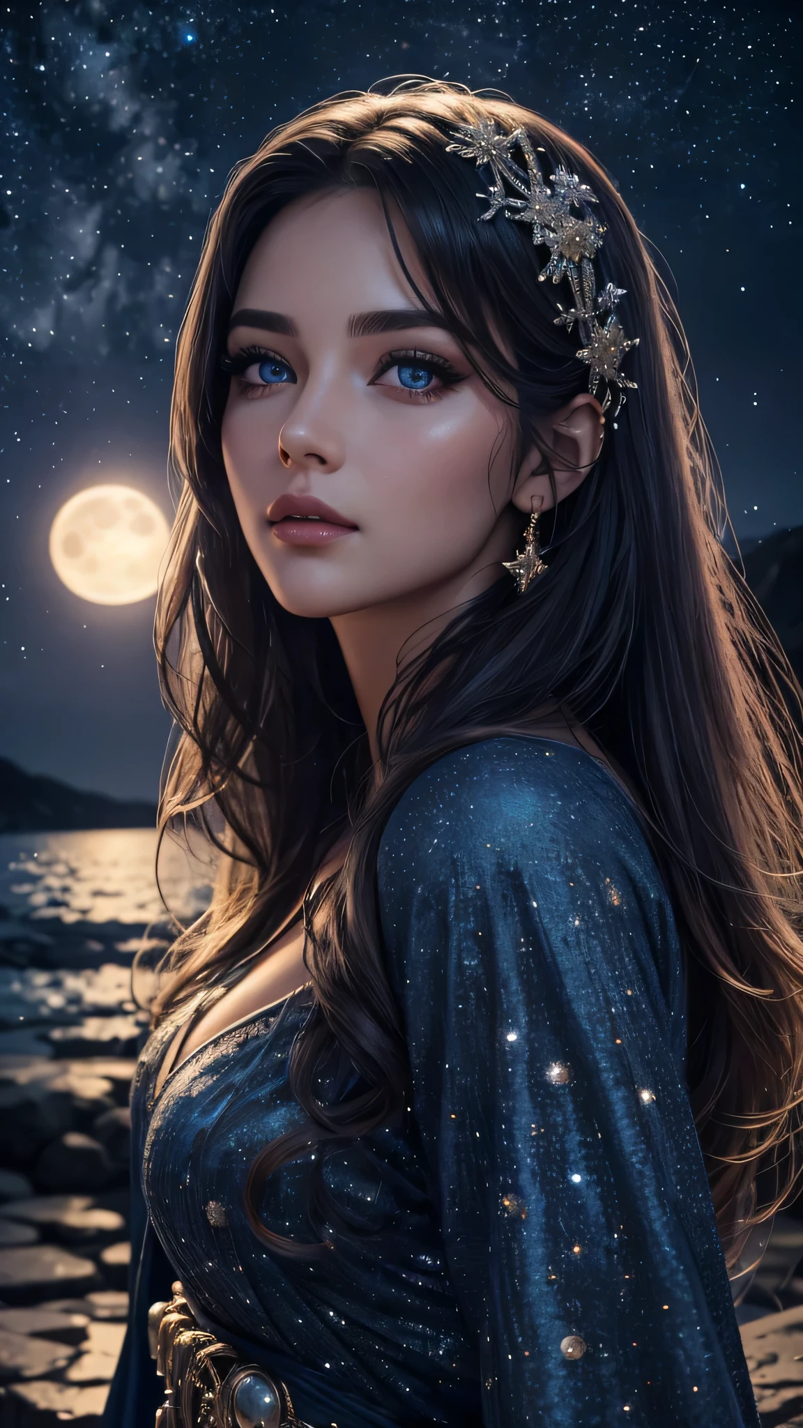 beautiful woman asking for a kiss, 1 girl, beautiful detailed eyes, beautiful detailed lips, extremely detailed face and eyes, long eyelashes, starry night sky, full moon, moonlight, realistic, photorealistic, 8k, highres, best quality, ultra-detailed, vivid colors, masterpiece, cinematic lighting