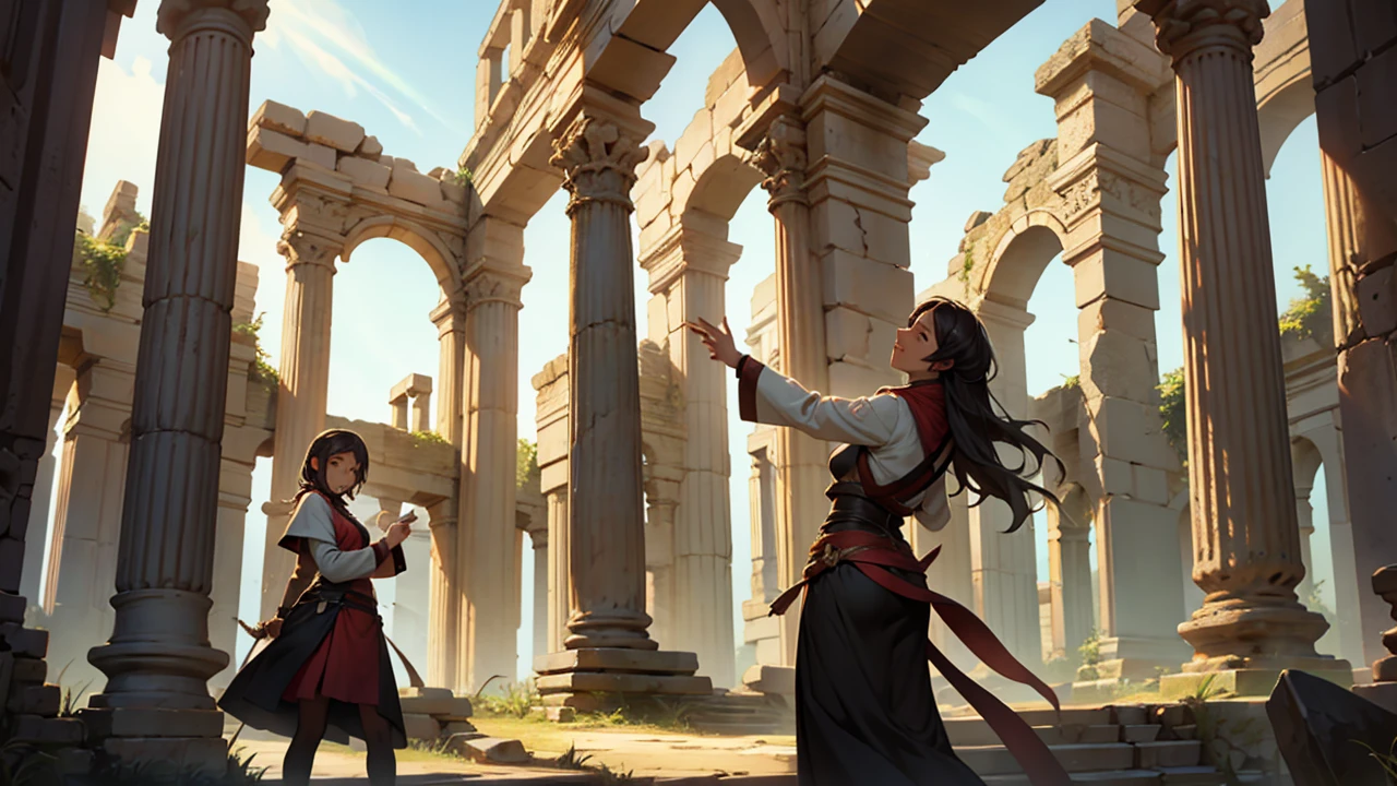 The girl happily casts light magic at the ancient ruins
