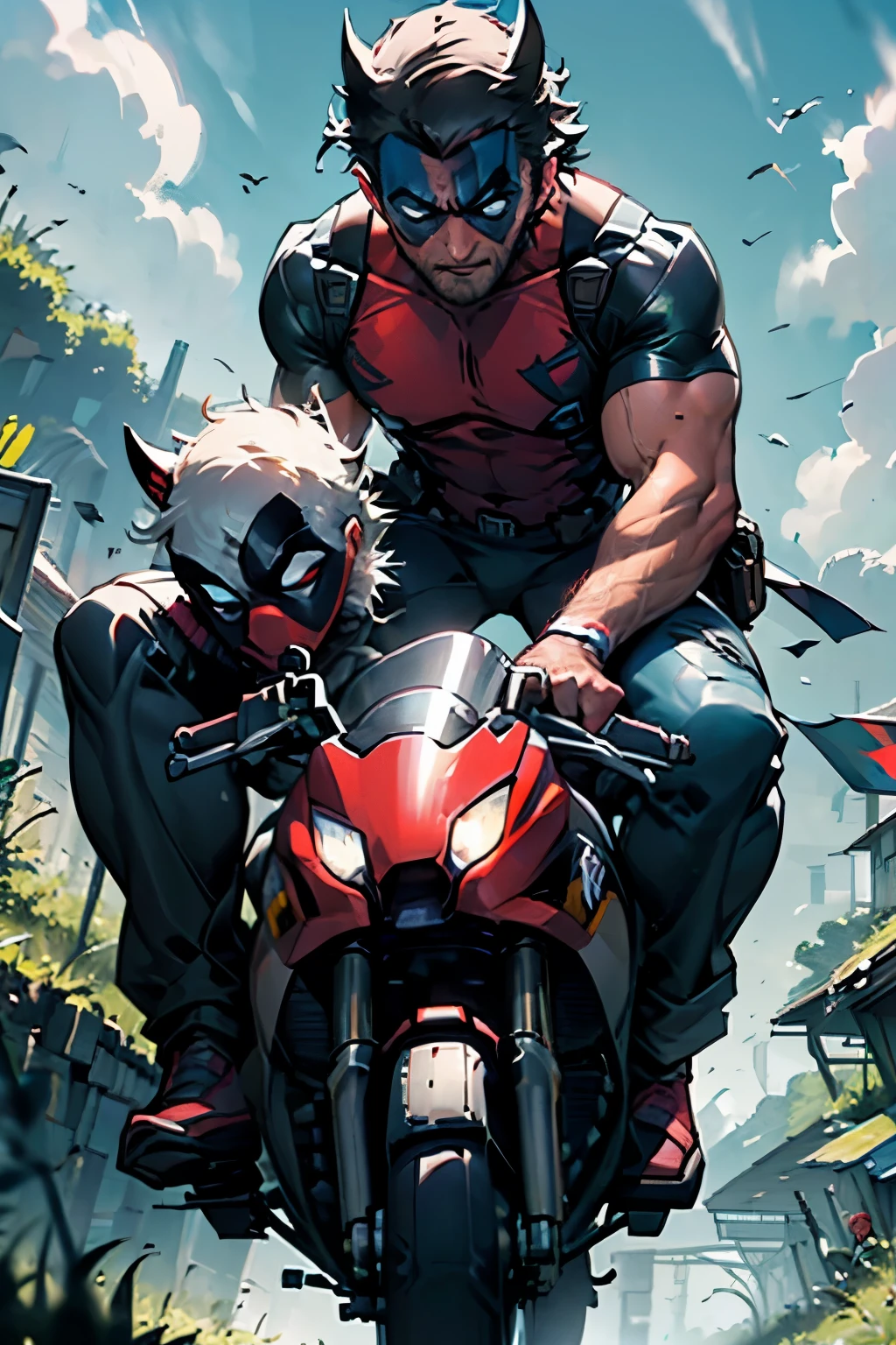 deadpool and wolverine happily riding down a hill on their bikes