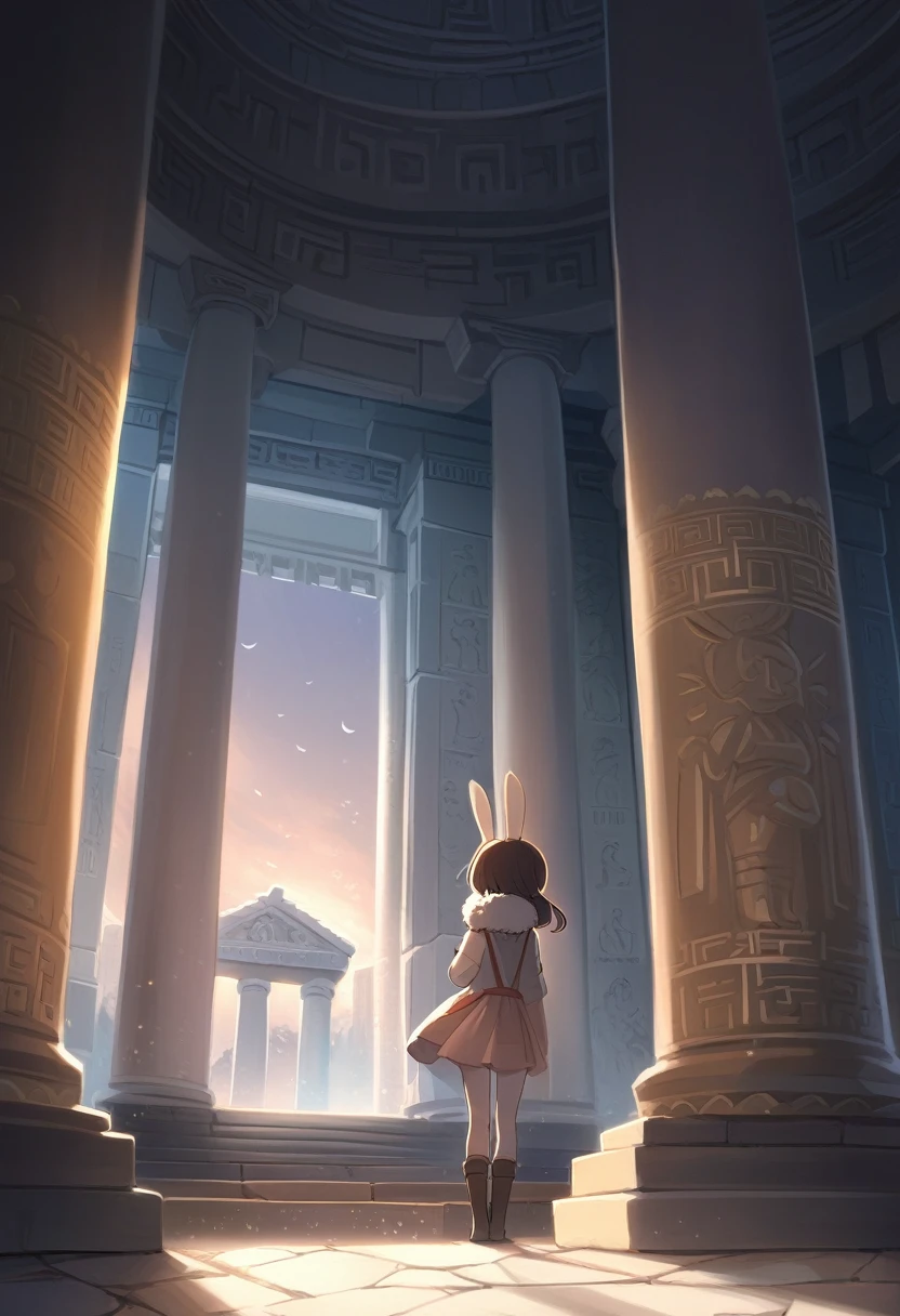 ((Masterpiece)), ((Best Quality)), (Very Detailed), ((Very Detailed)), 4K, (8K), very aesthetic, absurdres highres, 1 girl, (anthropomorphic Rabbit, furry, kemono:1.5), A silent stone statue inside an ancient Greek temple. The cold night light shines into the stone statue, creating minute shadows on its surface. The stone statue exudes a sacred and dignified atmosphere, and its eyes gaze into the distance. In the background, the elaborately carved pillars and walls of the temple can be seen, emphasizing the mystical atmosphere of antiquity. Surrounding the stone statue is a floor carved with ancient Greek patterns, creating an overall solemn and tranquil atmosphere.
