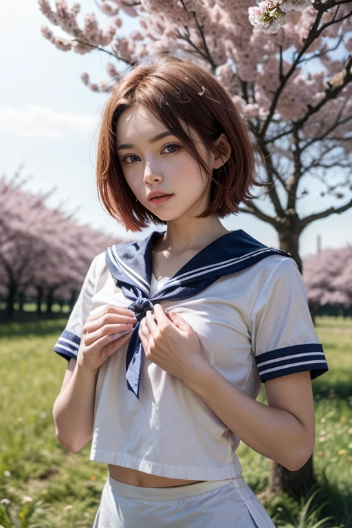 A girl with short red hair and blue eyes wearing a sexy sailor uniform in a field full of trees and cherry trees, perfect hands, perfect anatomy