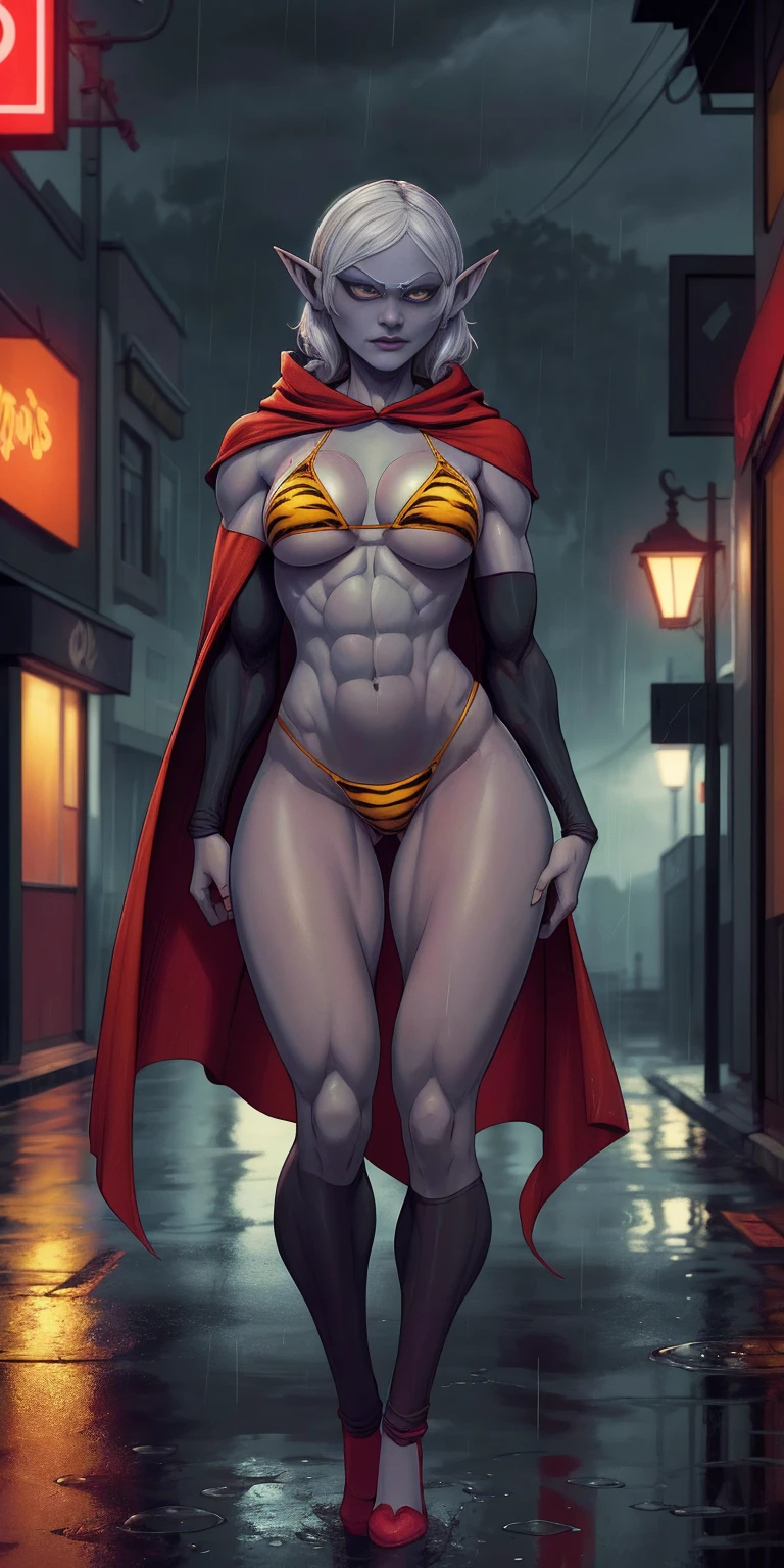 Drow Elf in Urban Setting: A female Drow Elf with a strong, athletic body wearing a yellow tiger bikini and red cape, standing in a rainy street. The image should have a cinematic, atmospheric feel with high-quality details.