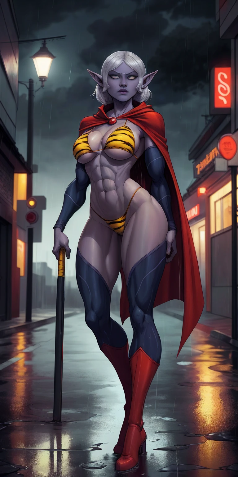 Drow Elf in Urban Setting: A female Drow Elf with a strong, athletic body wearing a yellow tiger bikini and red cape, standing in a rainy street. The image should have a cinematic, atmospheric feel with high-quality details.