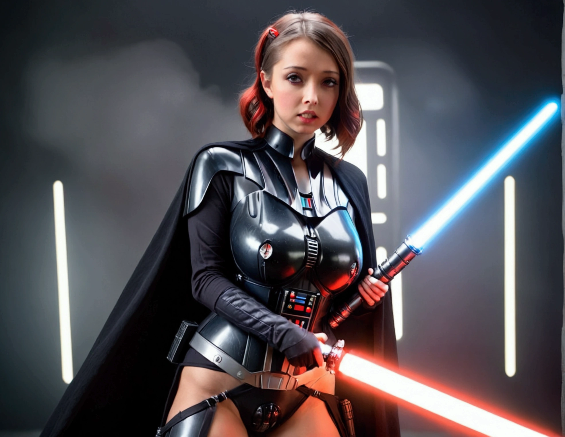 A cute woman (age 25, sexy Darth Vader outfit) is wielding one red light saber. She is battling her way through battle droids and Rebel soldiers. Menacing poses, sci fi horror