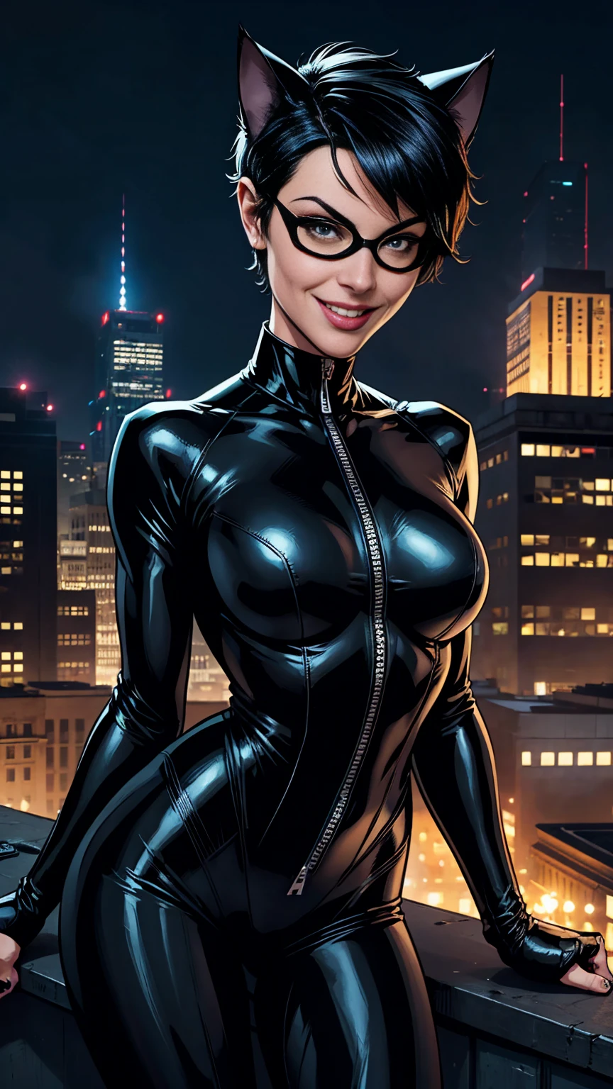 DC comics, Catwoman, short black pixie haircut, skin tight unzipped black bodysuit, cat ears mask, smile, on a Gotham rooftop at night, smile