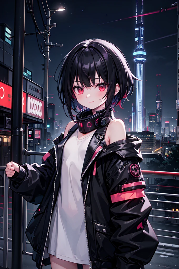 (masterpiece), cyber punk, city, night, Neon Light, city lights, One girl, Black Hair,White underwear with red pattern, short hair,Red Eye,hair ornaments,Around 16 years old,smile,He has taken off his jacket and is exposing his shoulders.