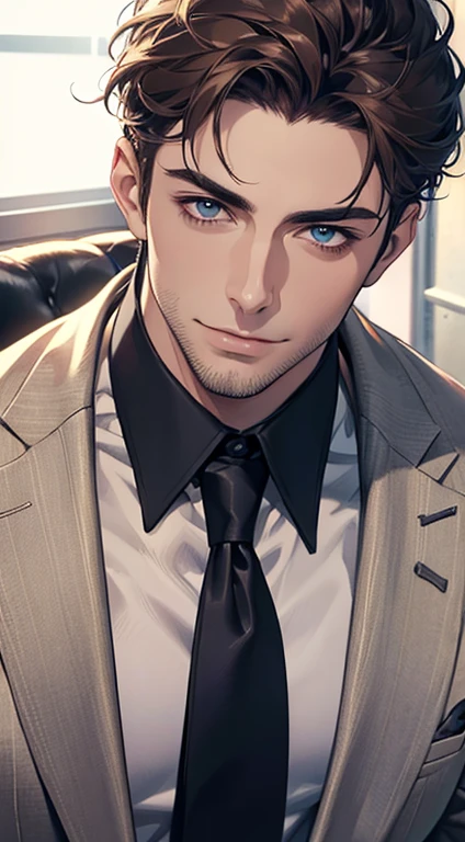 (best quality,4k,8k,highres,masterpiece:1.2),ultra-detailed,(realistic,photorealistic,photo-realistic:1.37),1 man,31 years old,mature man,very handsome,without expression,smile,short grey brown hair,blue eyes,penetrating gaze,perfect face without errors,imposing posture,businessman,office background,cinematic lighting,hdr image