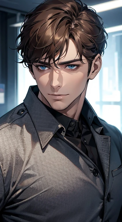 (best quality,4k,8k,highres,masterpiece:1.2),ultra-detailed,(realistic,photorealistic,photo-realistic:1.37),1 man,31 years old,mature man,very handsome,without expression,smile,short grey brown hair,blue eyes,penetrating gaze,perfect face without errors,imposing posture,businessman,office background,cinematic lighting,hdr image