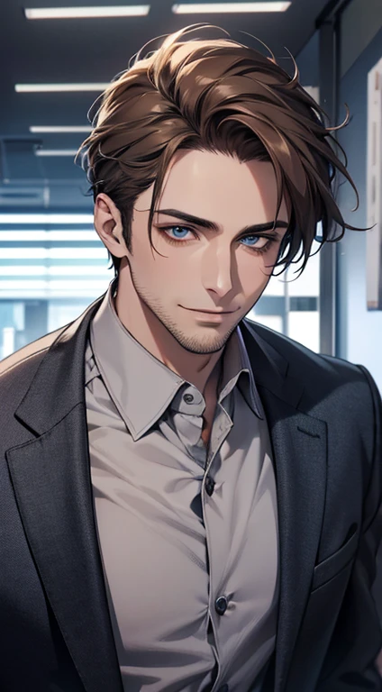 (best quality,4k,8k,highres,masterpiece:1.2),ultra-detailed,(realistic,photorealistic,photo-realistic:1.37),1 man,31 years old,mature man,very handsome,without expression,smile,short grey brown hair,blue eyes,penetrating gaze,perfect face without errors,imposing posture,businessman,office background,cinematic lighting,hdr image